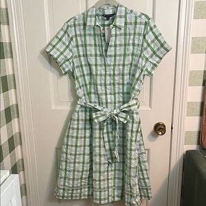 NWT Brooks Brothers Seersucker Green and White Plaid Shirtdress Size 14
